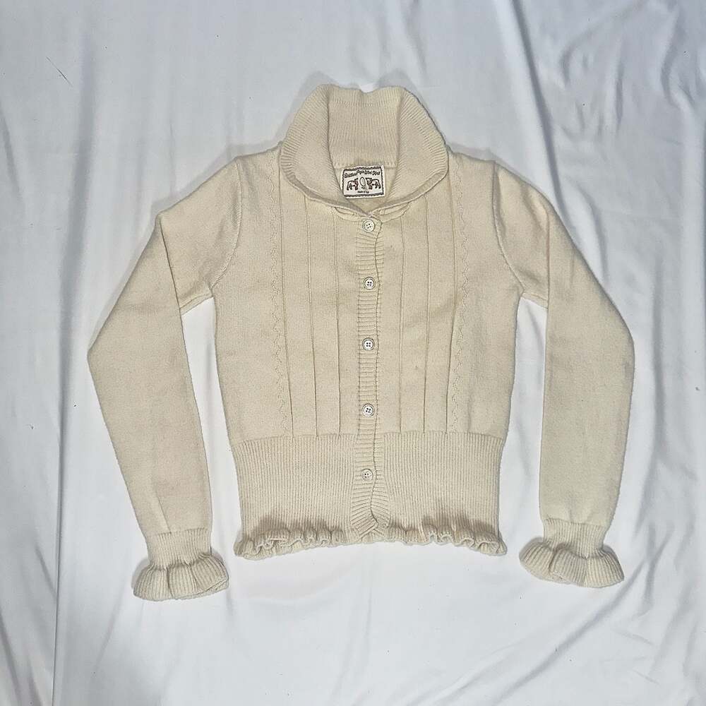 Shetland Virgin Wool Knit Button-Up Cardigan Sweater Cream White Ruffle Cuffs